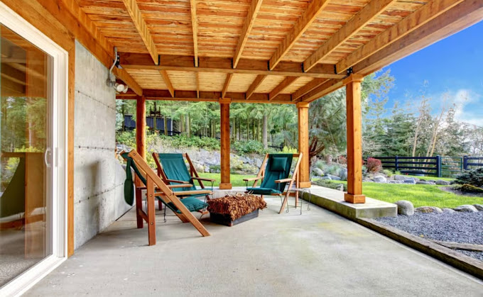 A covered patio with chairs and a fire pit