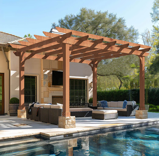 An outdoor living area with a pool and patio furniture